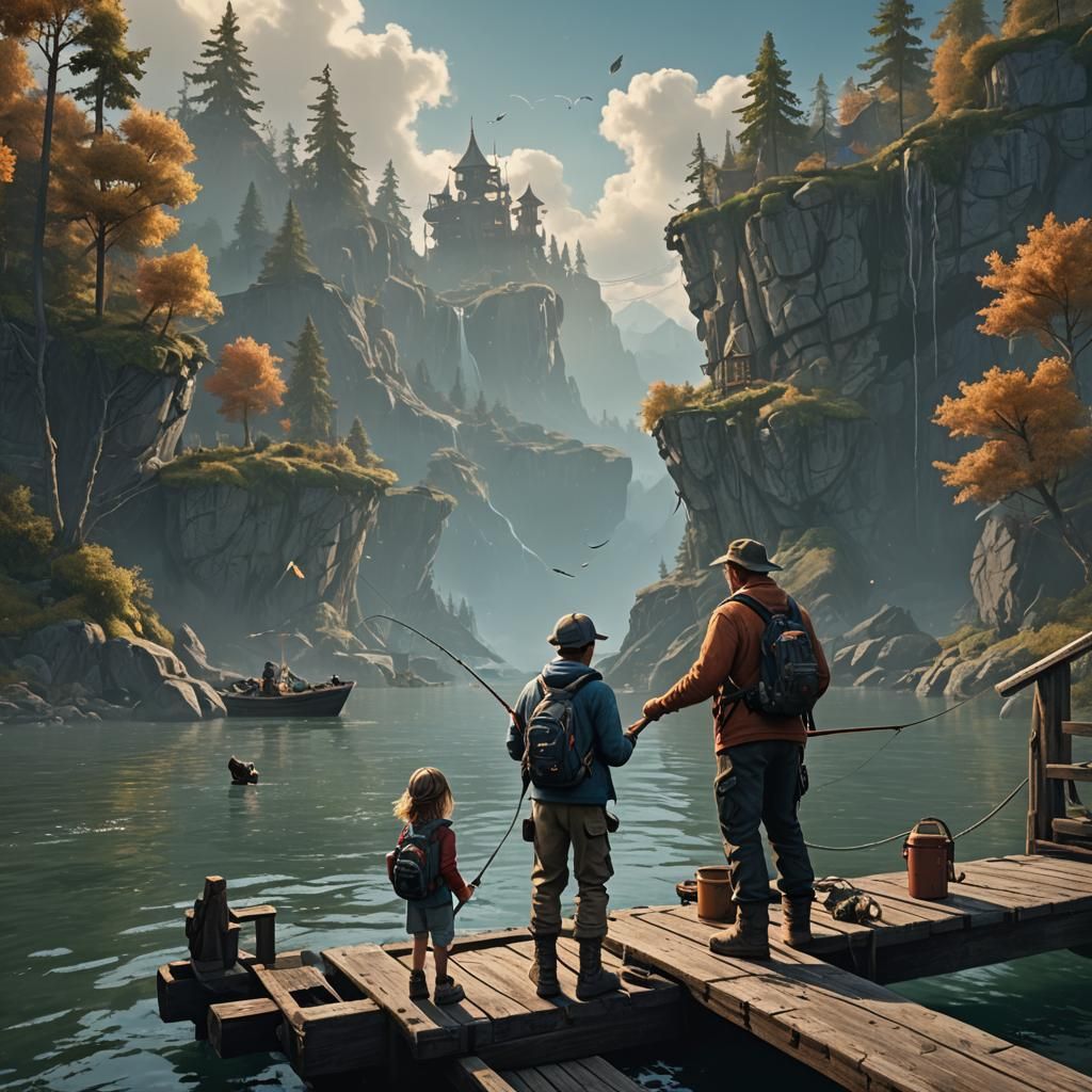 Father fishing with son and daughter off of a dock.