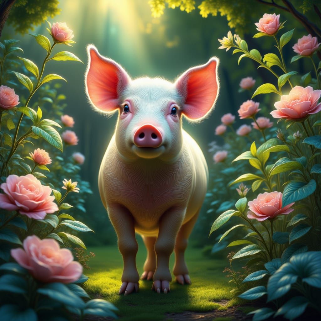 A pig in a garden <lora:Luminescence:1.0>