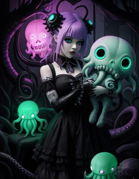 A Adorably Terrifying Pastel Punk Princess cuddling a Cthulh...