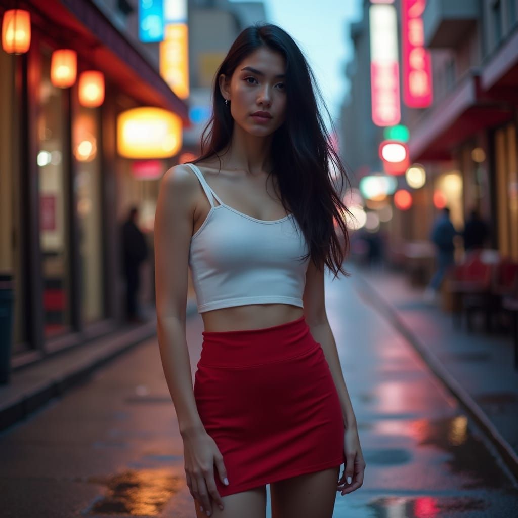 Hyperrealistic photo of a hot woman wearing a sleeveless crop top, and a very tight miniskirt