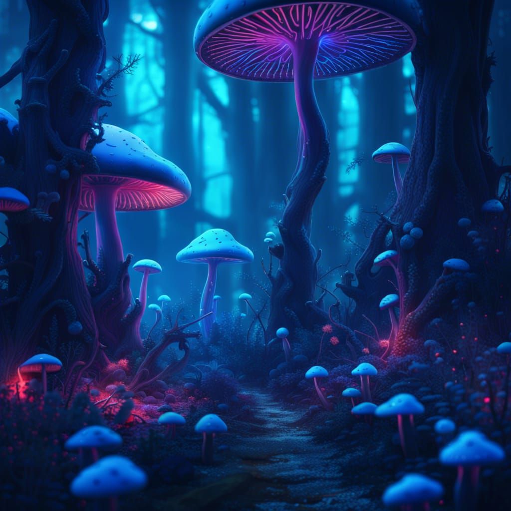 beautiful neon blue mushroom forest - AI Generated Artwork - NightCafe ...