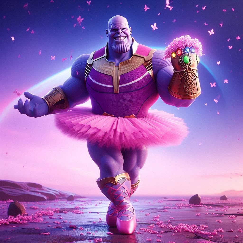 Thanos wearing a bright pink ballerina outfit