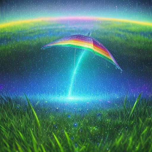 Raindrops sparkle on the grass after a storm. The sky is blu...