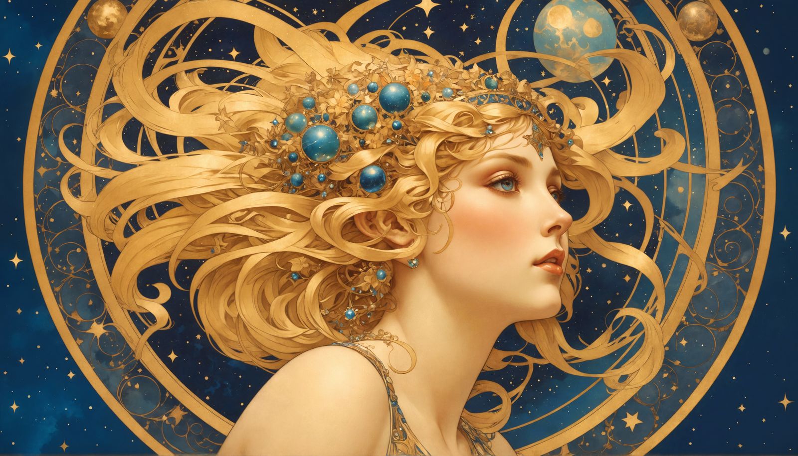 16k resolution, art by Alphonse Mucha, Art Nouveau style, a celestial goddess surrounded by intricate patterns of stars ...