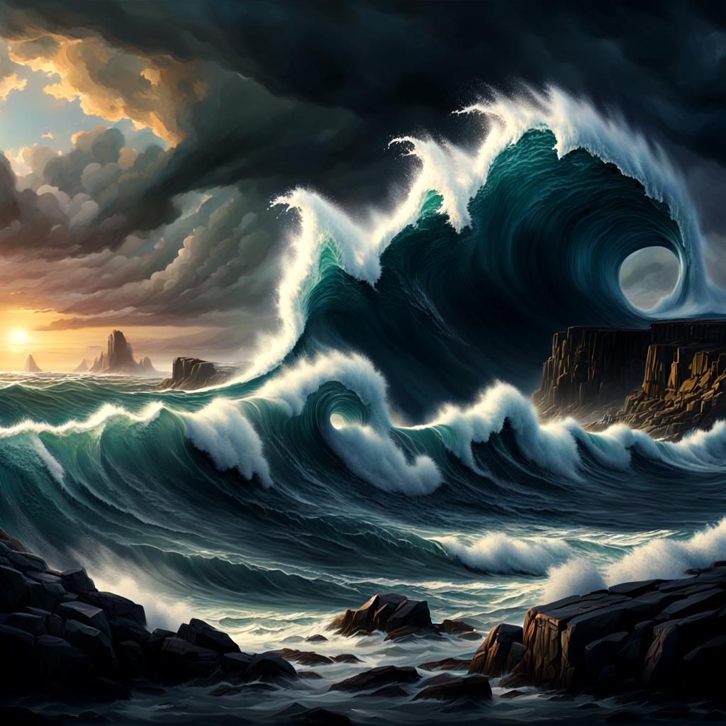 Epic Tsunami Wave Approaching Rocky Shore