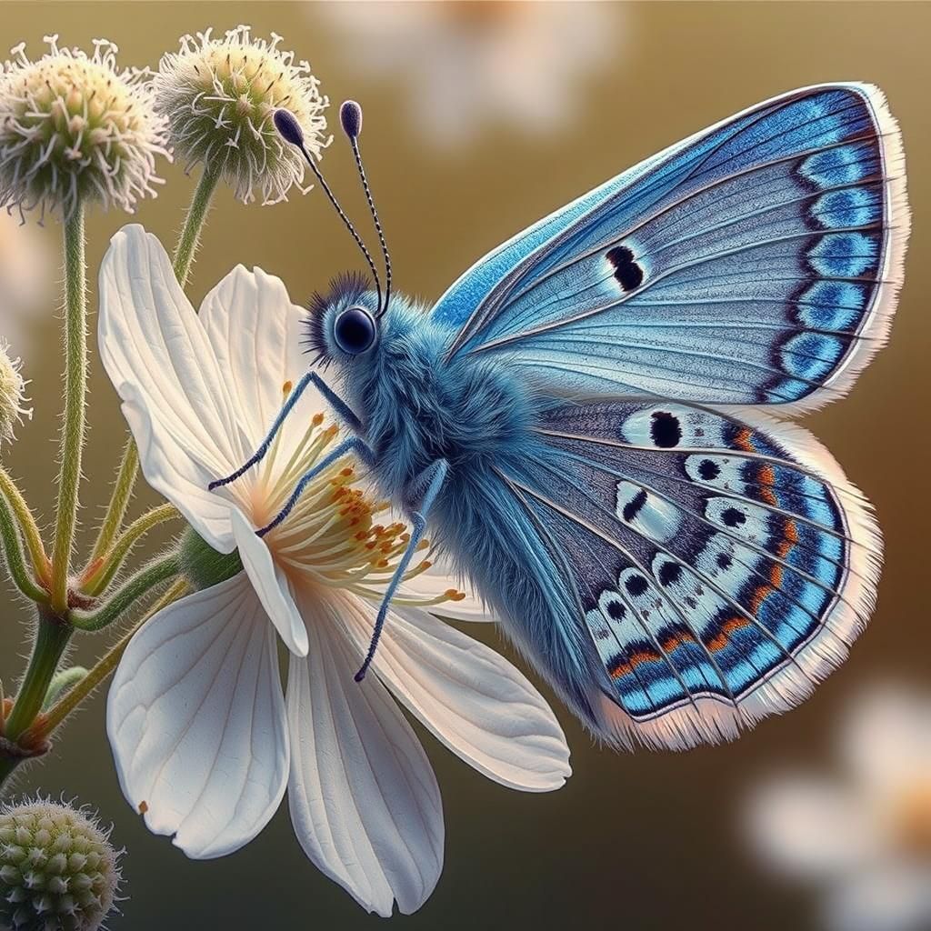 A close up of a tiny blue butterfly perched on a delicate white flower  by @Cyan Skye