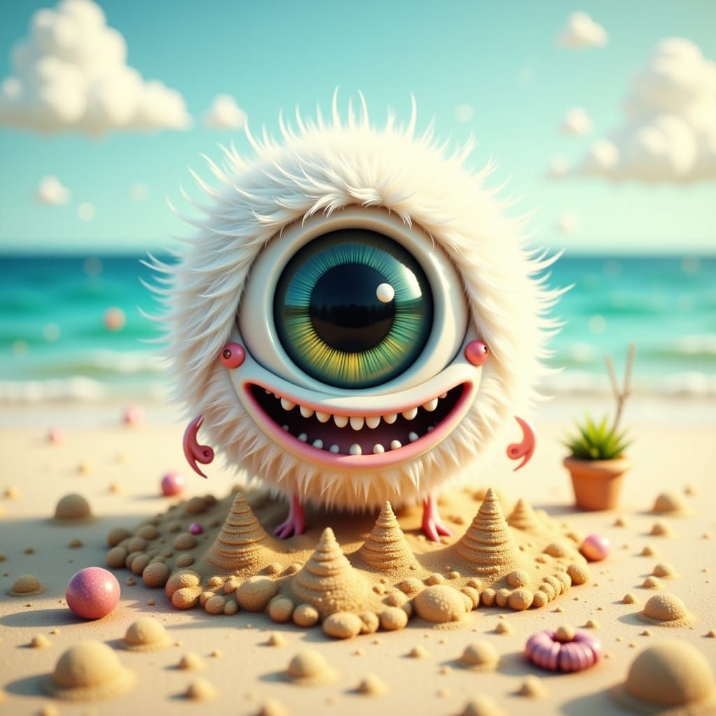 Giant Fuzzy Eyeball Monster Builds Sandcastle in Pixar Style