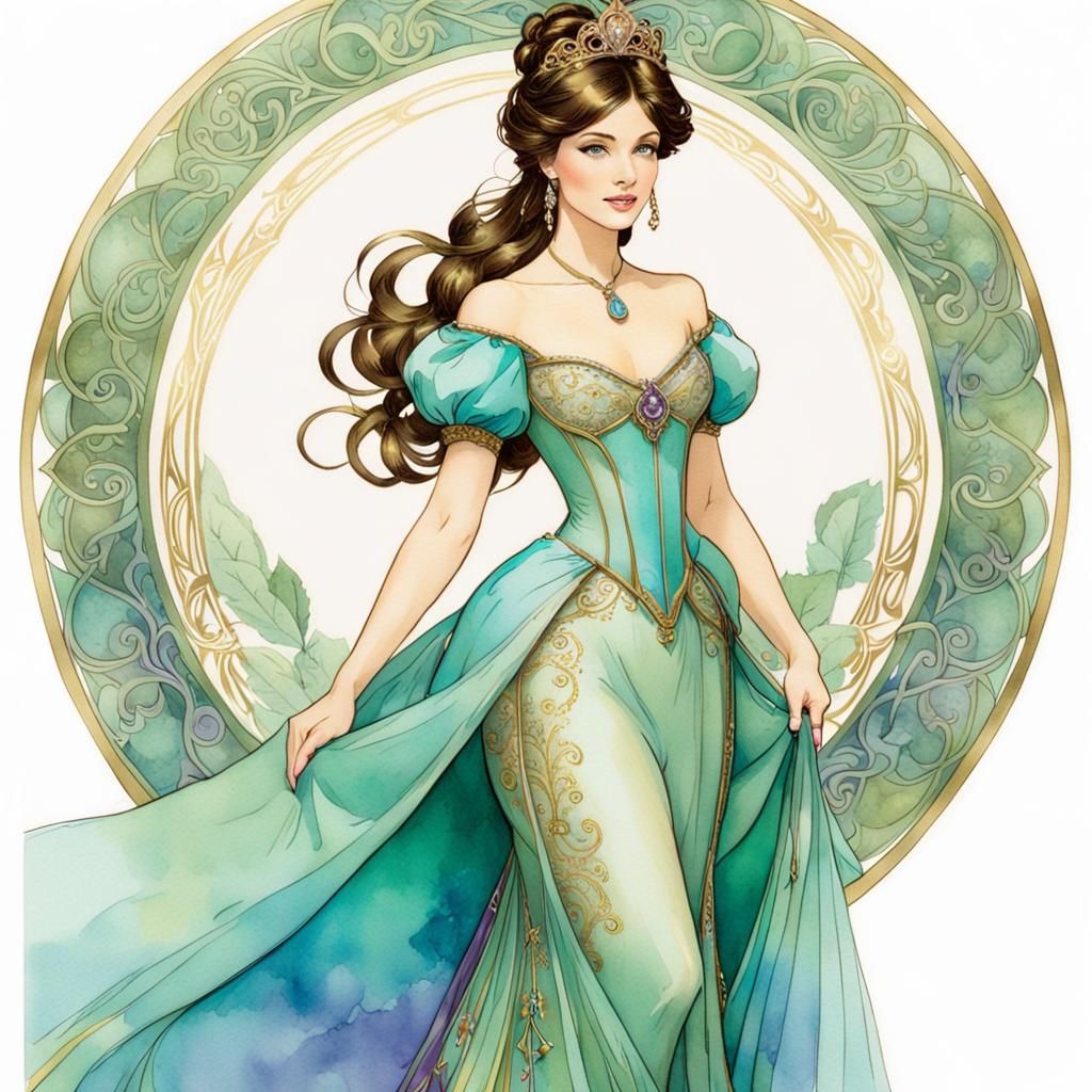Brunette Cinderella, beautiful green eyes, intricate watercolor, purple, turquoise-mint, ornate ...