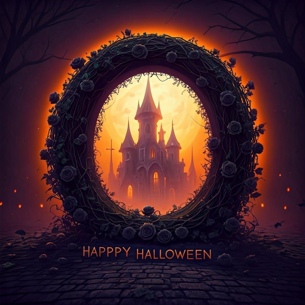 a hauntingly beautiful, dark orange purple green black Halloween wreath, shrouded in an aura of foreboding, ...  by @Yui