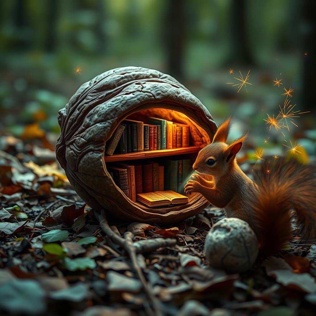A tiny library carved into the shell of a walnut, the shell lying on the forest floor with a squirrel ...  by @powerful_girl