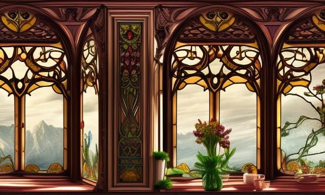 an art nouveau style window with a table next to it with a b...