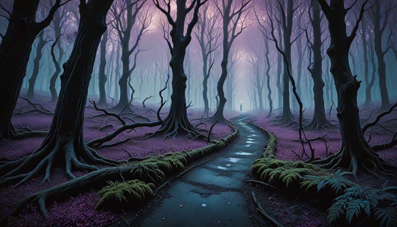 A minimalist design symbolizing the journey through ‘The Hollow,’ featuring a single, winding path leading into a dark, misty forest. The p...