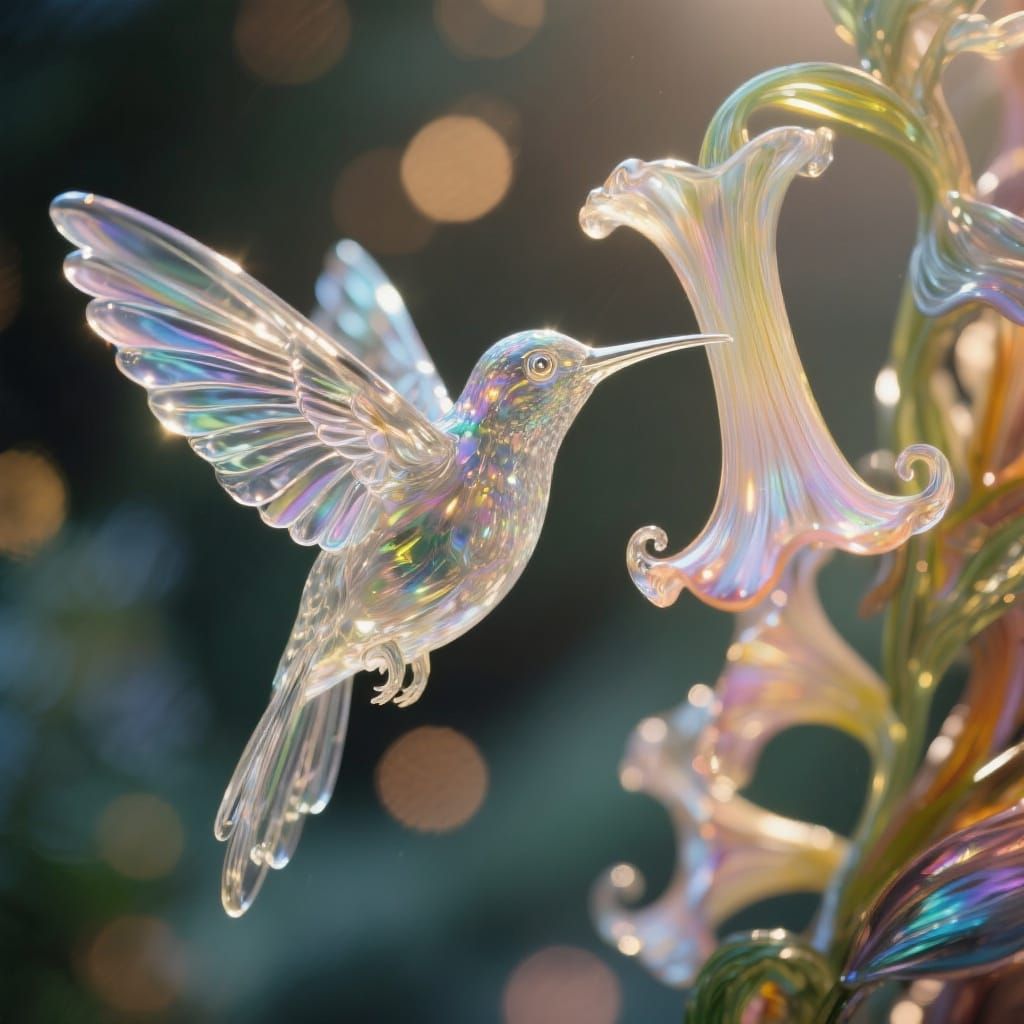 Glass Hummingbird Sculpture with Bokeh Lights