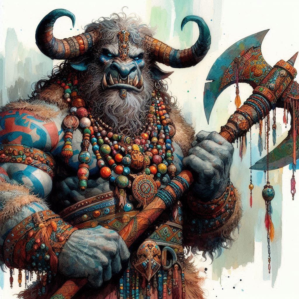 Minotaur modeling his beads necklace and great axe