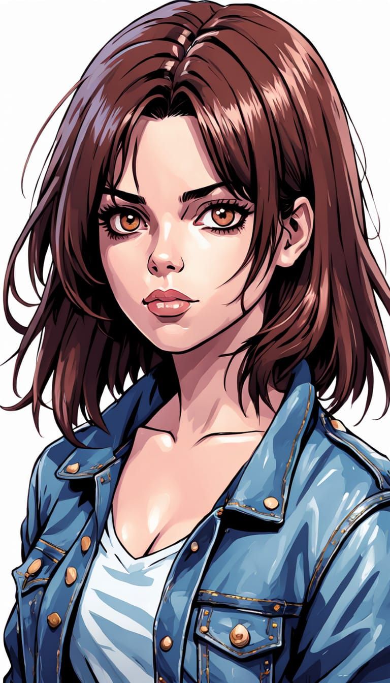 mug shot with torso facing camera, white background, hair in frame. Neve Campbell, tan skin, Dark brown eyes, brown hair with bangs,  All ha...