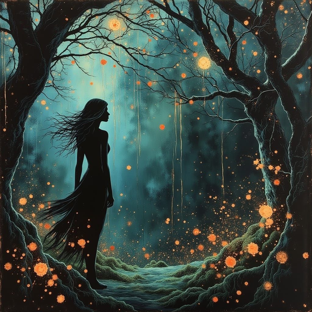 <lora:divineOil:1.0> <lora:Night Breeze V2:1.0> <lora:Beautiful women:1.0> The beautiful women stands in the dark mossy forest. the night is...