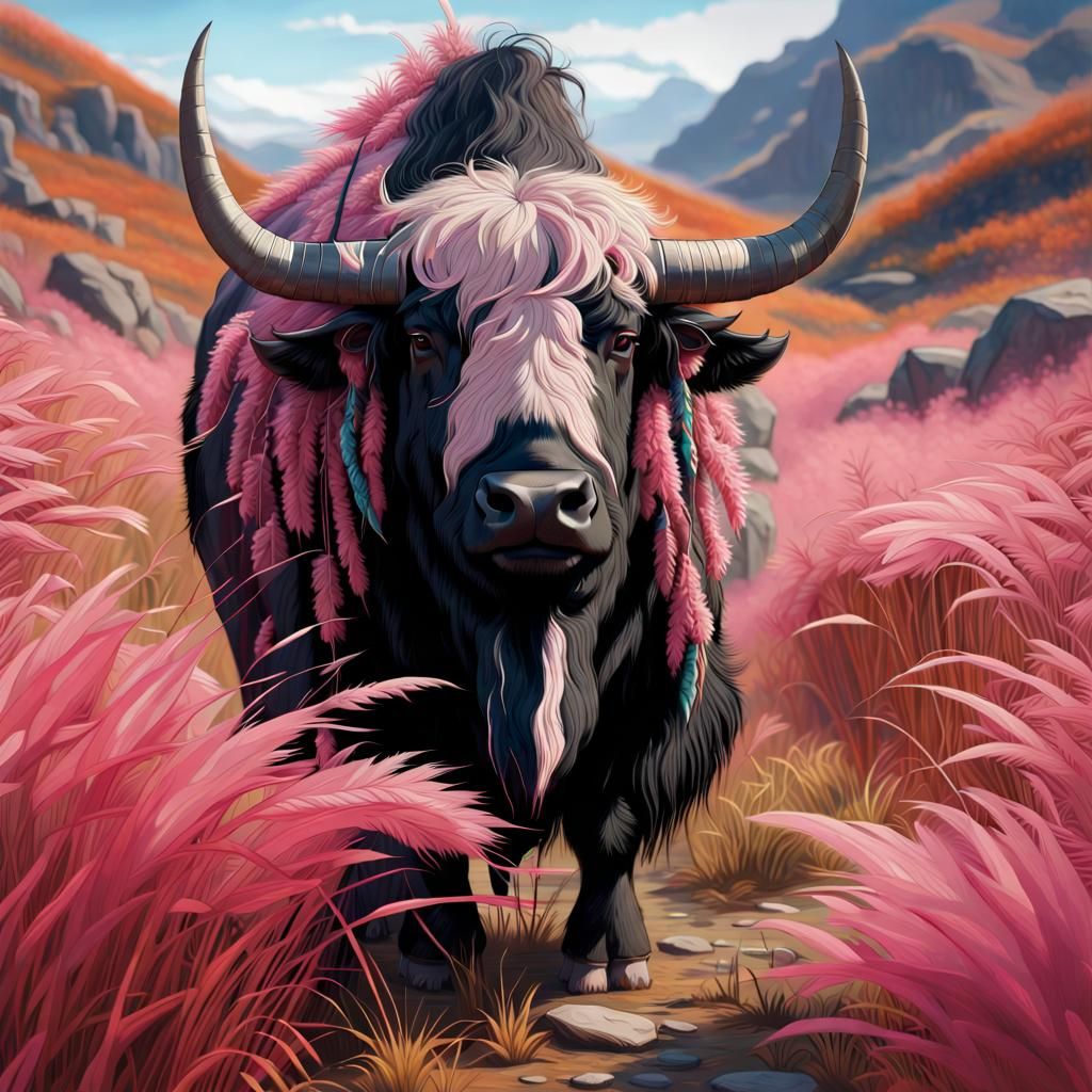 Yak in Pink Grass, Pre-Raphaelite Illustration