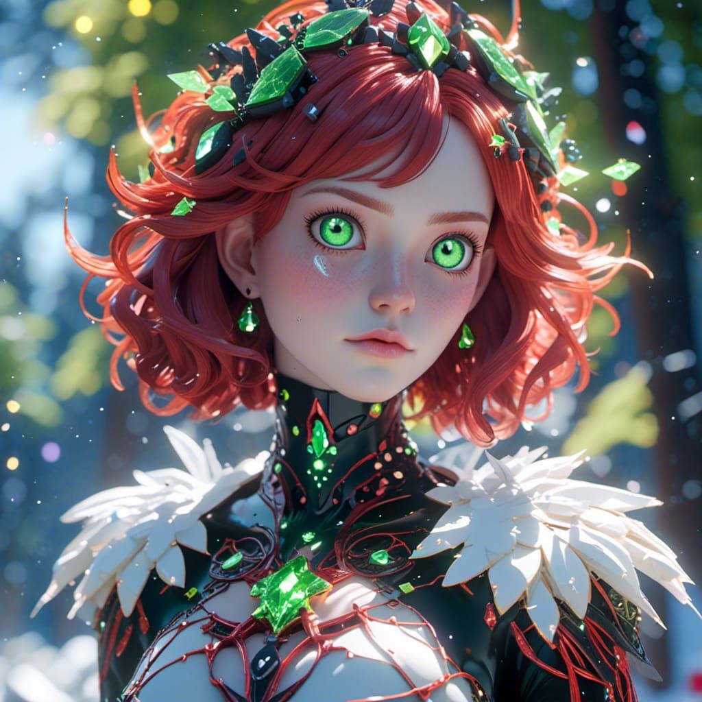 <lora:Yuli Mihag XL:1.0>,, Goth Beautiful Woman, Short Curly Red Hair, Green Multilayered Eyes, Sharp Eyebrows, Forest, Snow, detailed head...