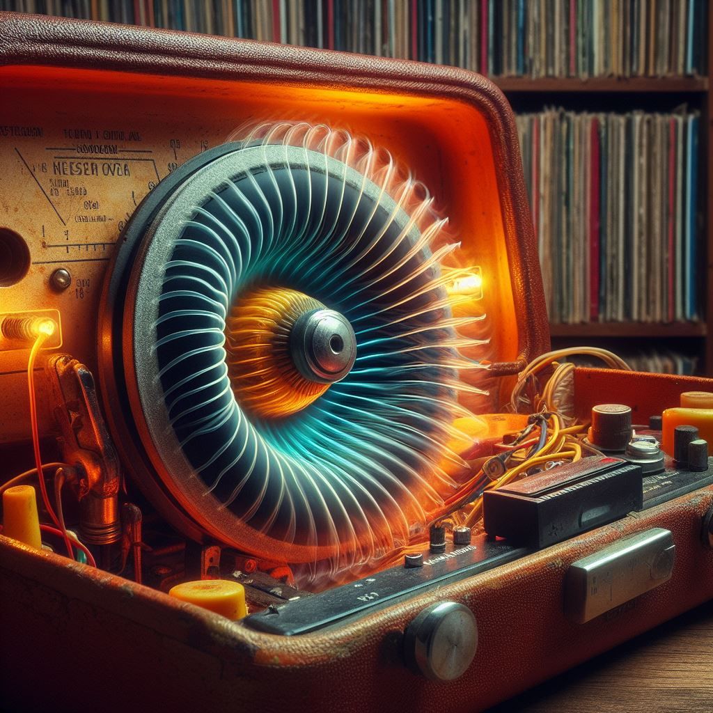 Macro images of a vintage speaker membrane vibrating to music