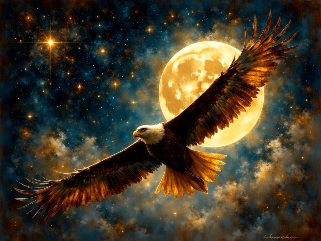<lora:EtherealVisionsFlux:1.0>  magical night scene featuring a majestic eagle flying under a starry sky with a bright full moon. Masterful...