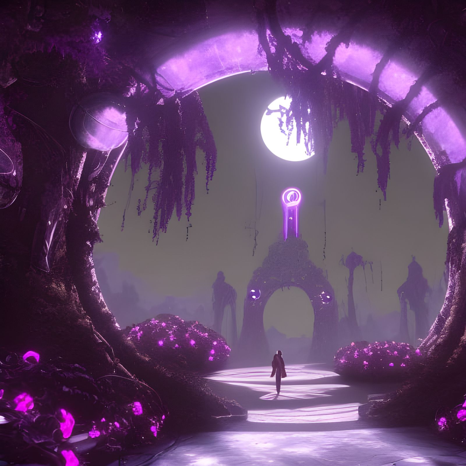 Moon Portal with Purple Flowers, Art Nouveau Style