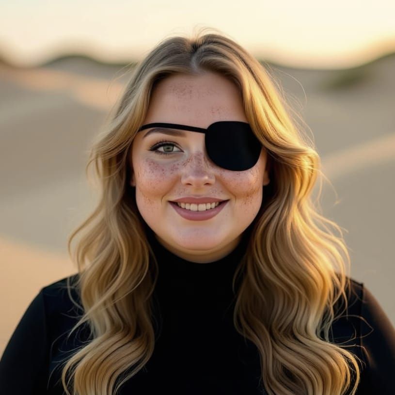 Photo portrait in the dunes of a gorgeous blonde plus size woman in black outfit with an eyepatch, no. 4