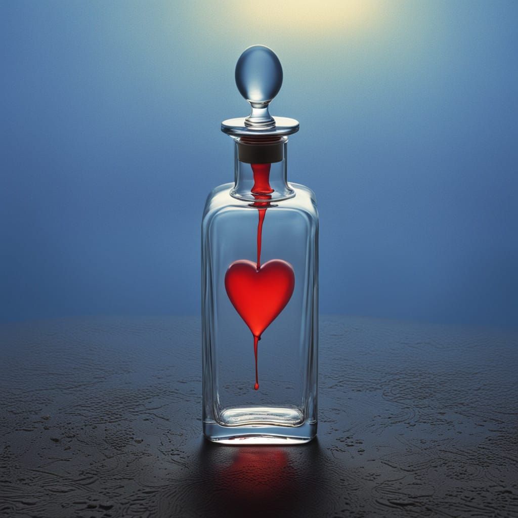small clear bottle with a small red heart in it