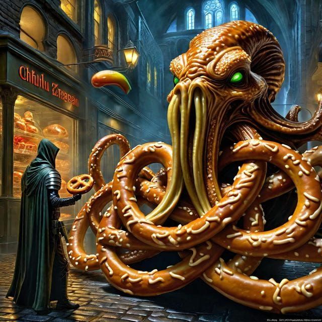 Dr. Doom and his Cthulhu Pretzel Pet  by @SummaNullaOne