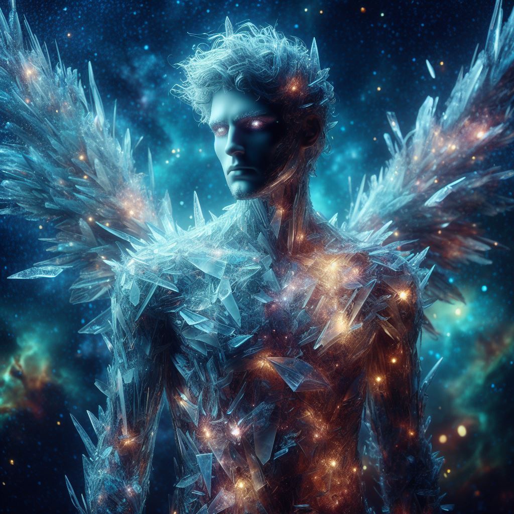 a glowing angel made with glass shards