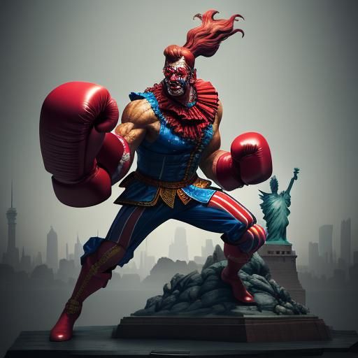 Circus clown with boxing gloves punching the statue of liberty