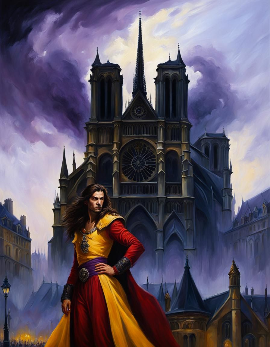 Werewolf spotted in front of Notre Dame de Paris.  Oil paint...