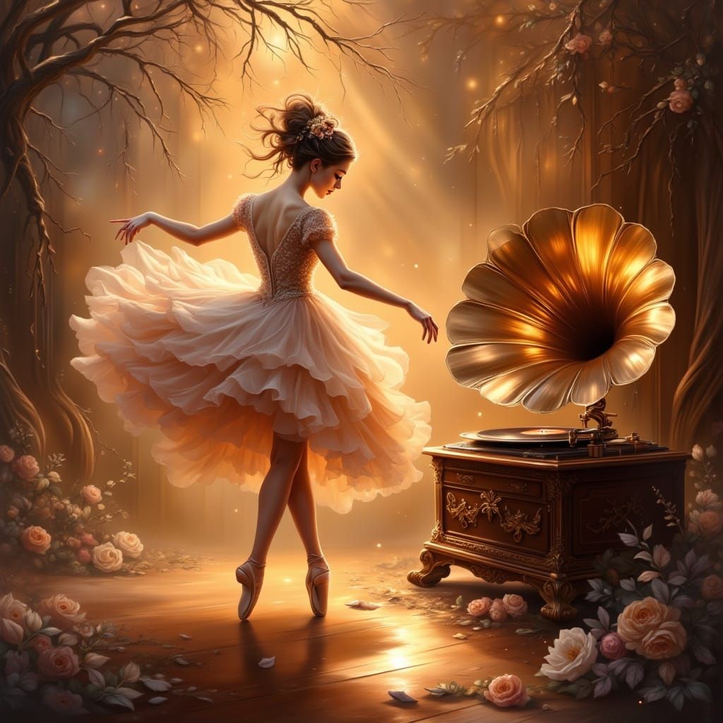 Anime Ballerina Dancing to Old Phonograph Music