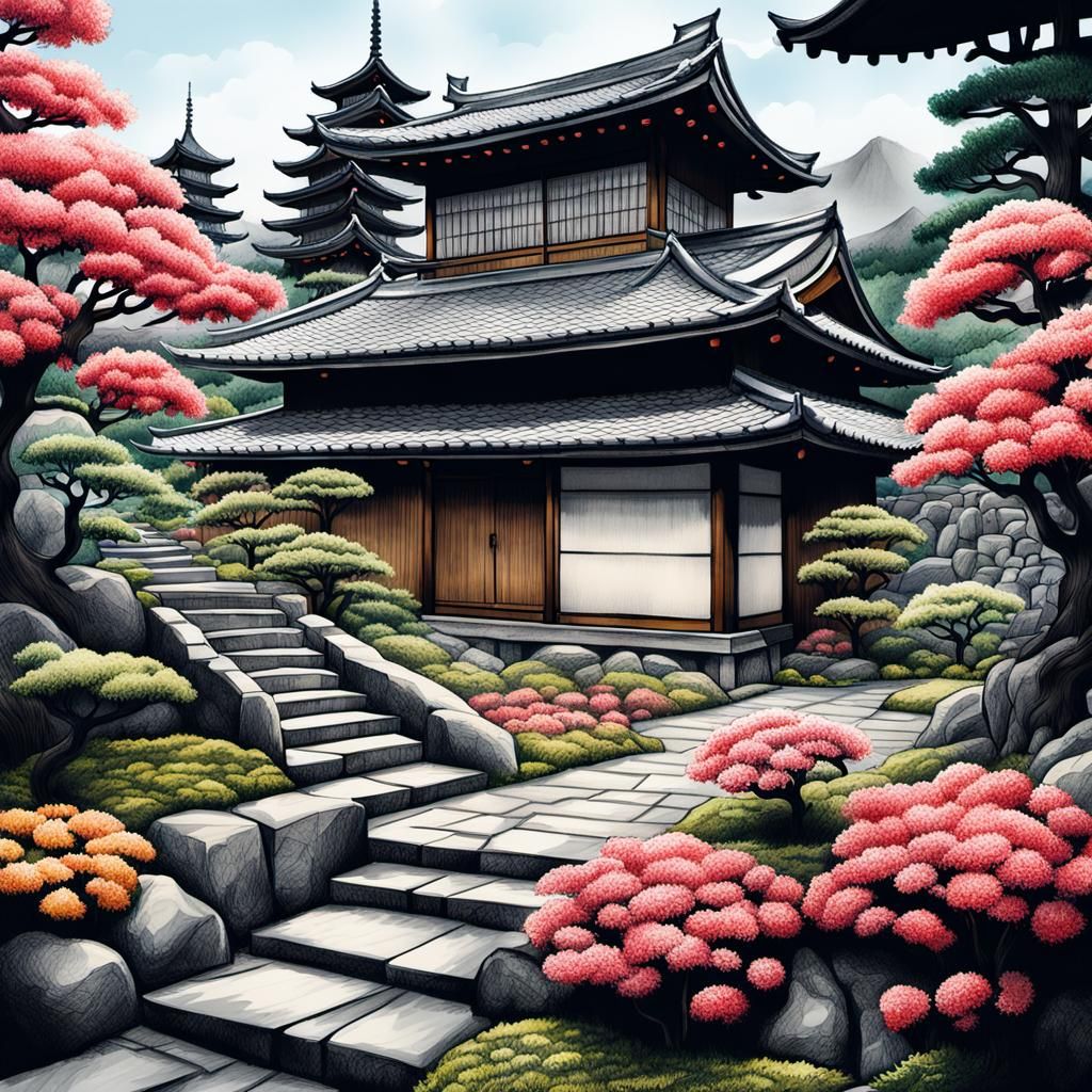 Colored Ink drawing of a Japanese house with stone walls and...
