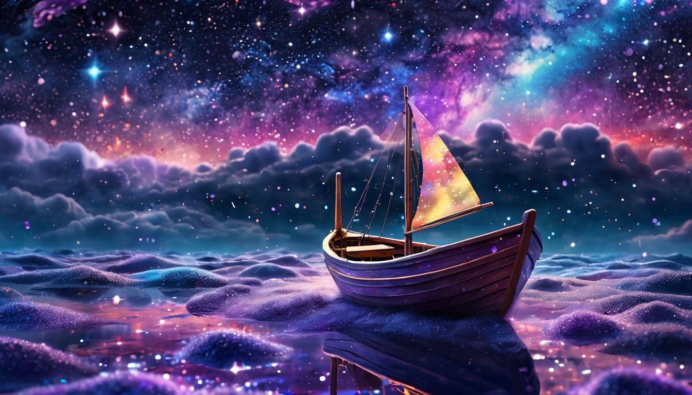 Cosmic Boat Sails on Sea of Sparkling Stars