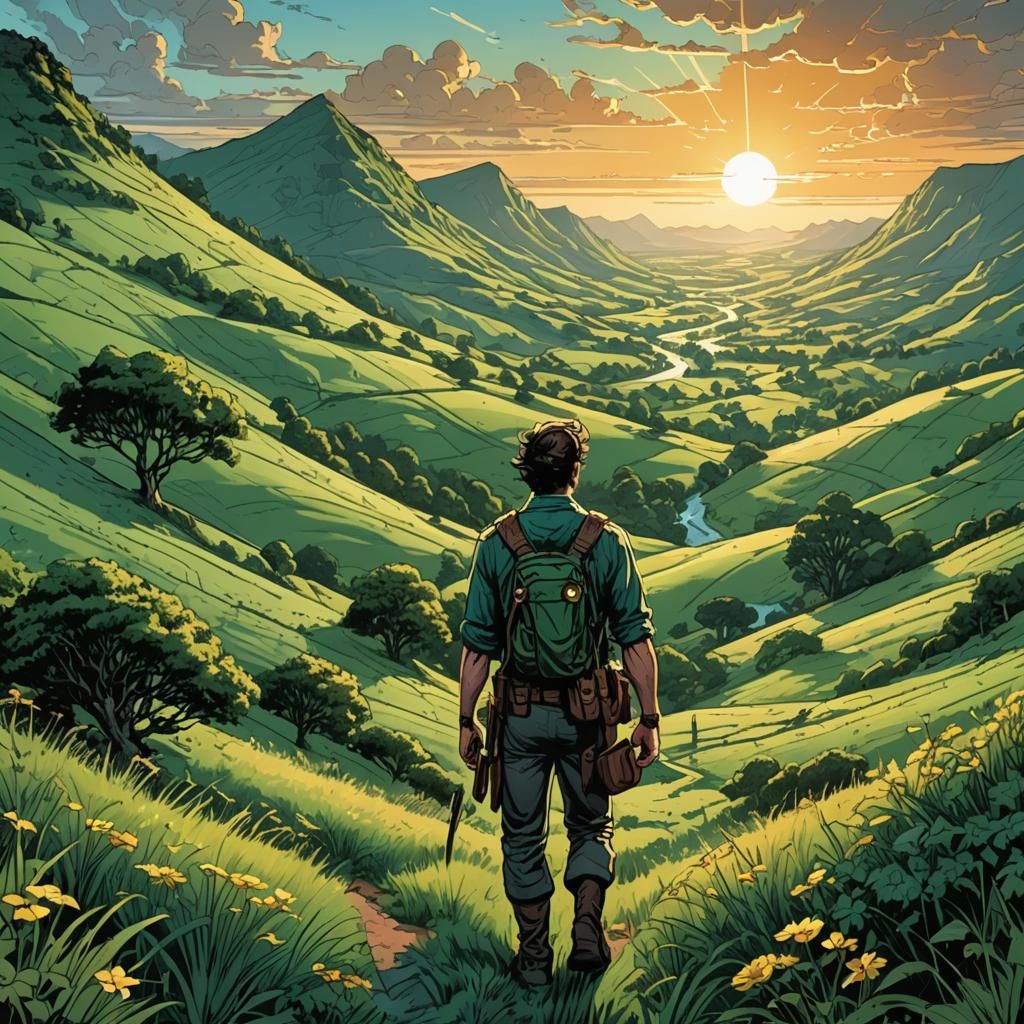 i see beautiful green hills and a  sunshine, the light of wh...