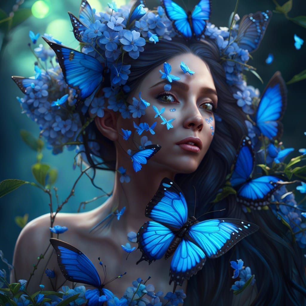 "Whispers of Spring: The Nymph and Her Azure Butterflies"