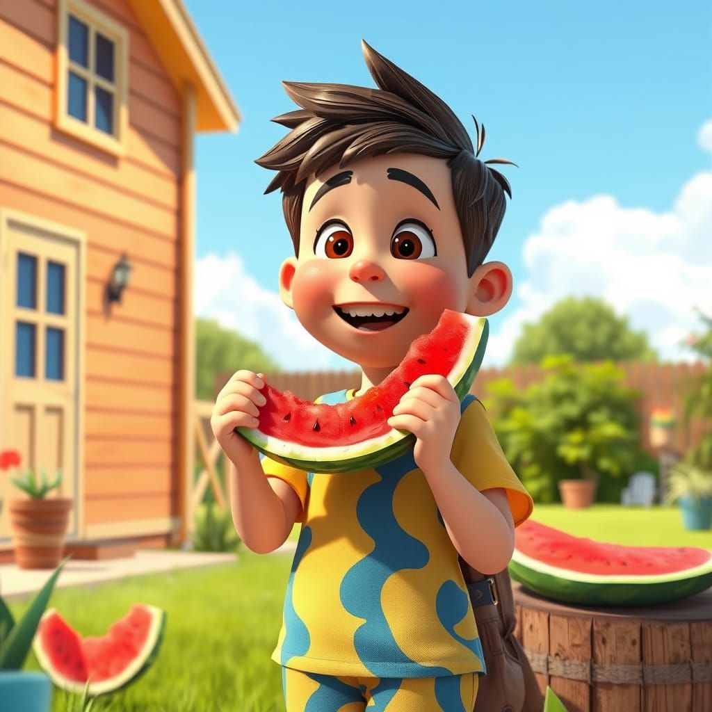 Boy in a Vibrant Summer Outfit, Eating Watermelon in a Sunny...