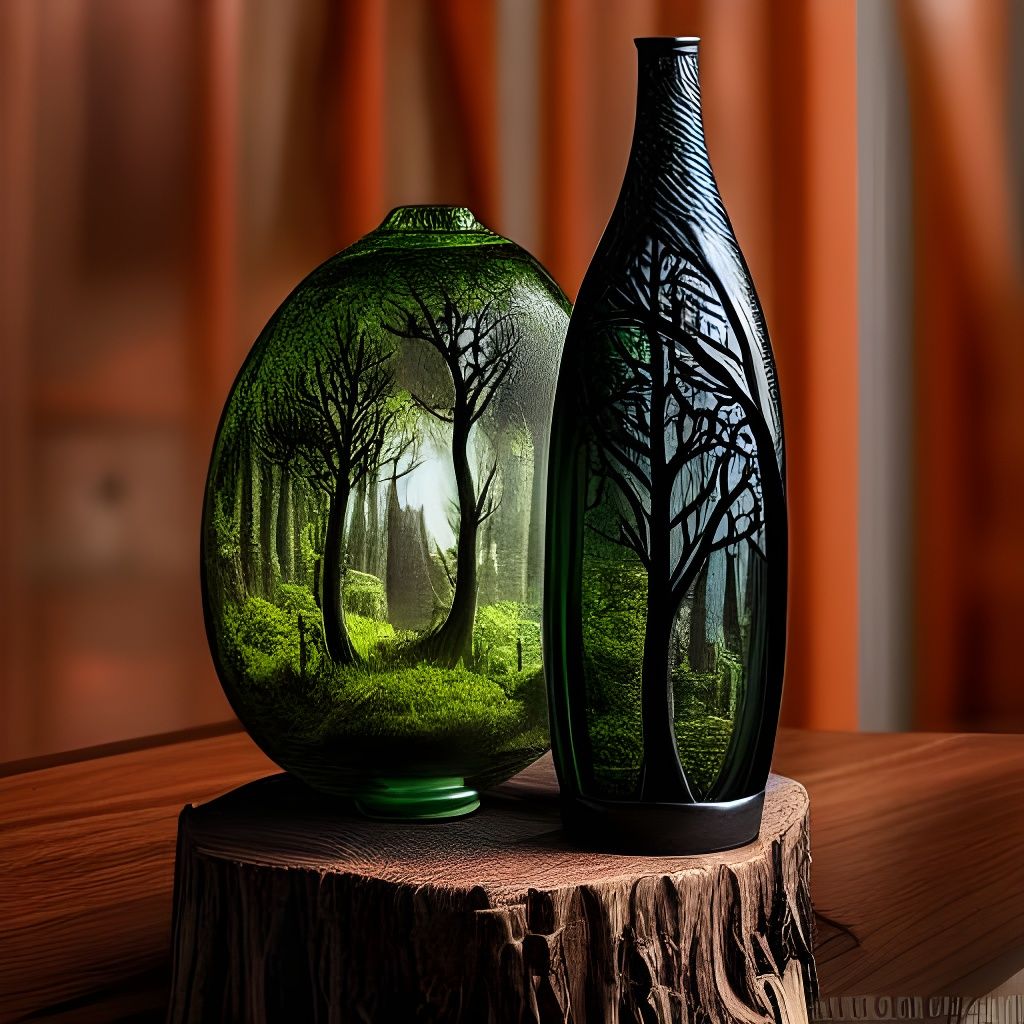 bottle with a elven forest inside, intricate ebony table, artist:fuco ueda, photo-realistic undefined