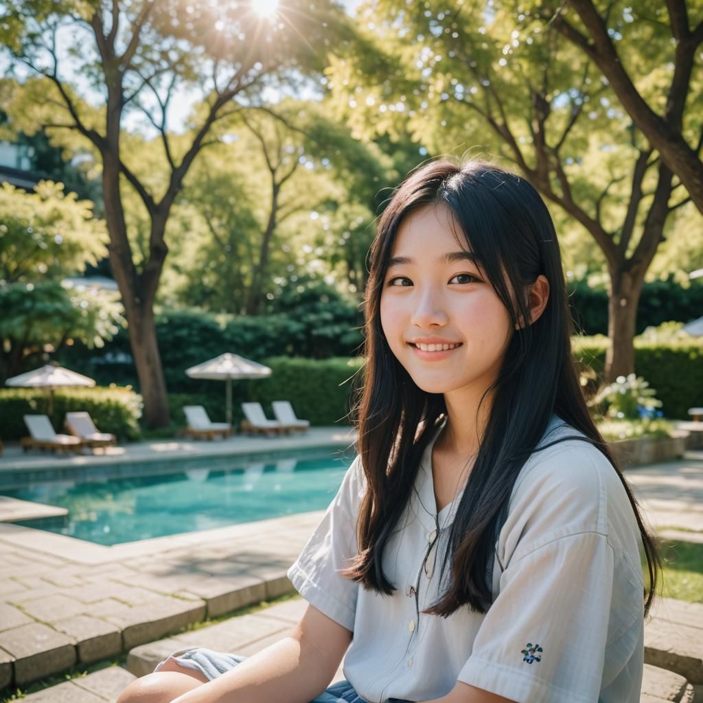 Smiling Japanese Woman by Pool in Summer Sunlight