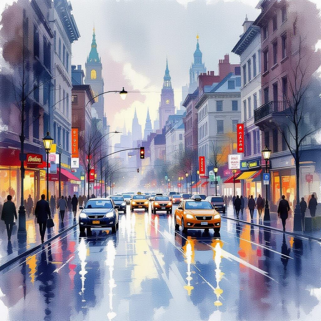 Watercolor Cityscape With Wet Streets And Reflections