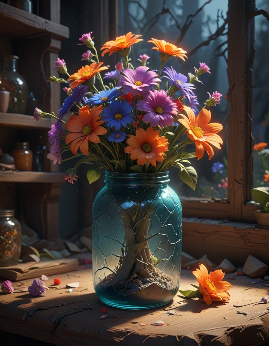 Vibrant Flowers Bloom from Cracked Jar: Fantasy Concept Art