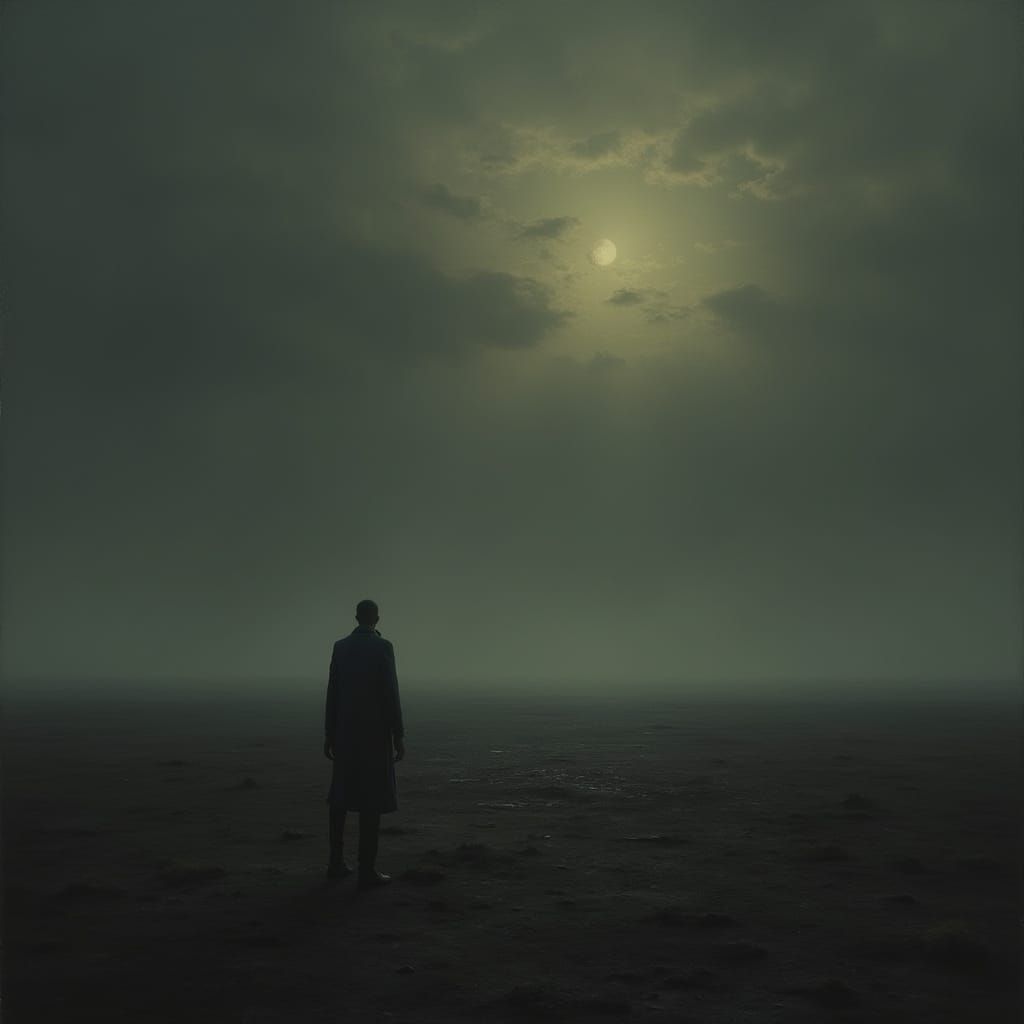 Solitary Figure on Desolate Plain Under Twilight Sky