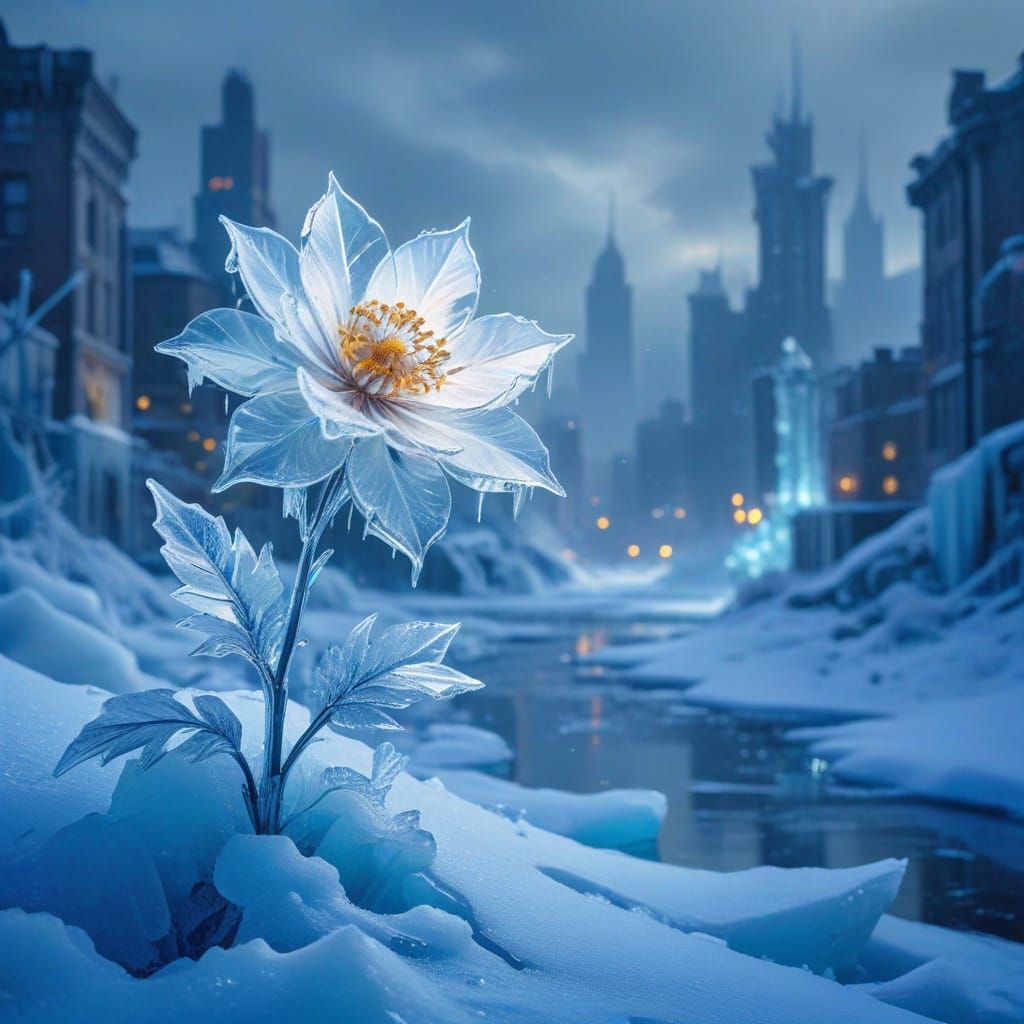 Ice flower against a post-apocalyptic winter 