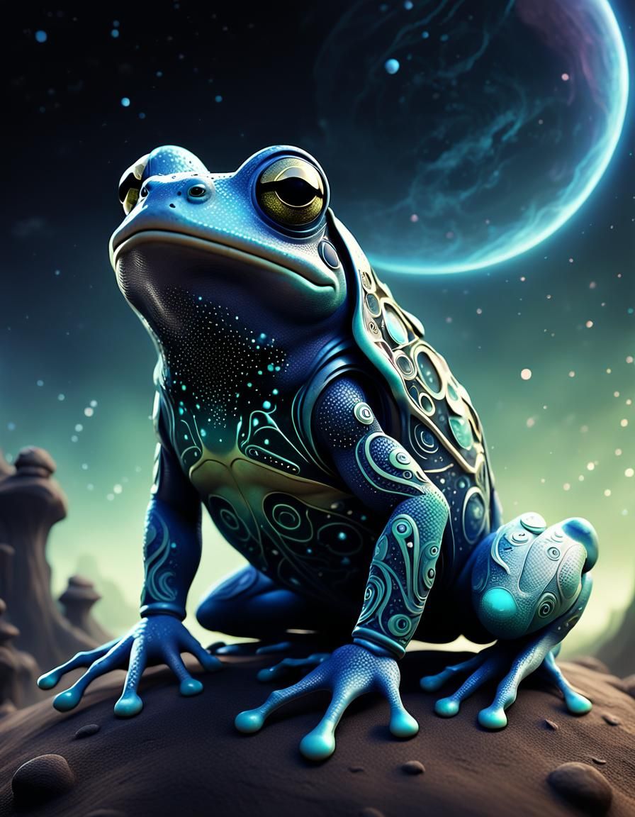 Cloudy Space Frog Silhouette in 3D Digital Art