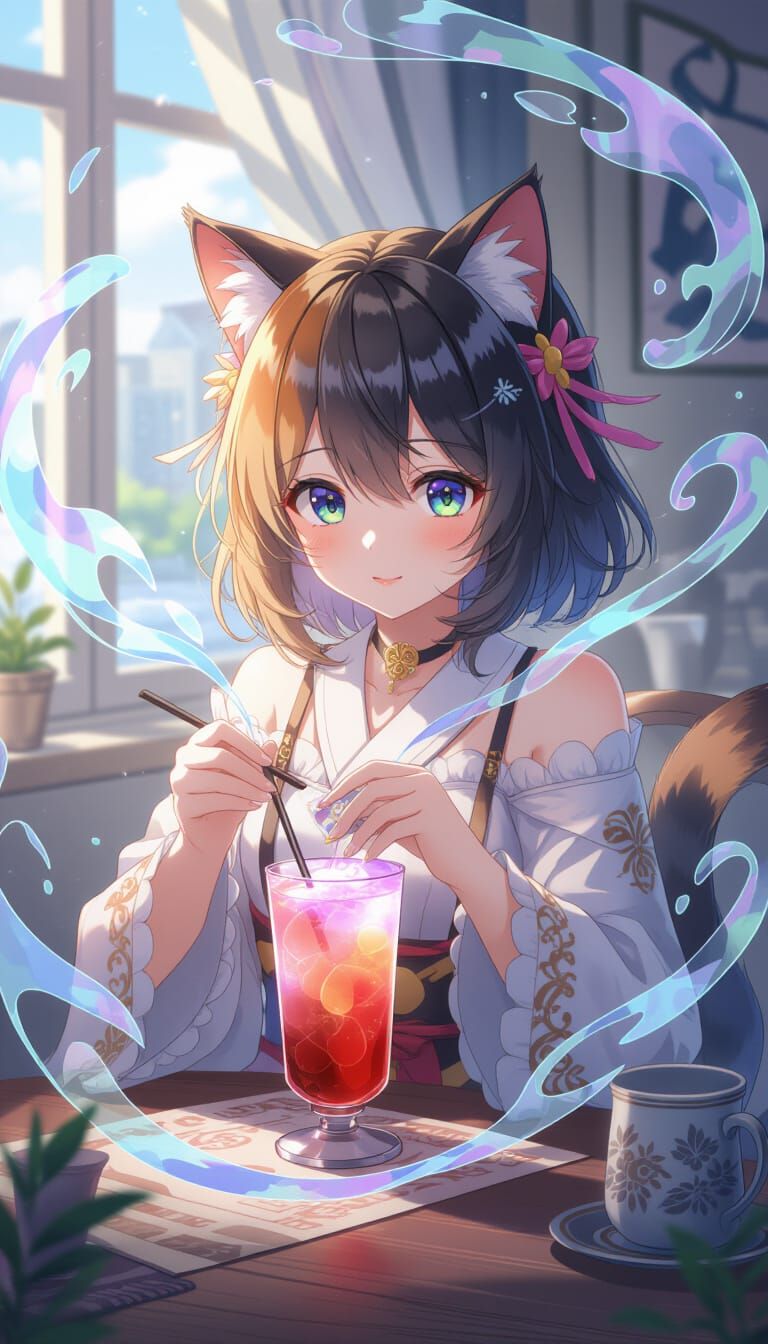 Cute calico cat girl who makes yummy drinks ethereal fantasy hyperdetailed mist Thomas Kinkade Genshin impact, Masterpiece, Best Quality, fl...