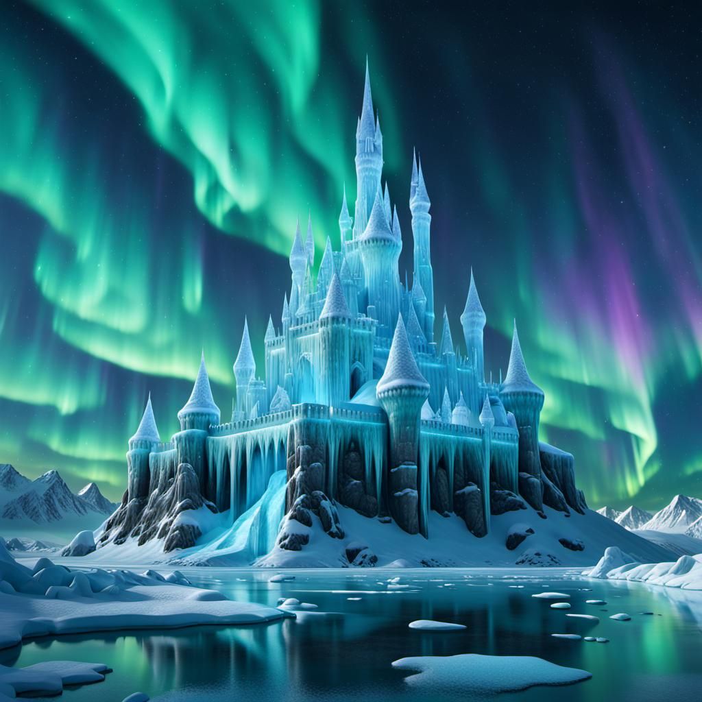 Ice Castle: A grand ice castle with towering spires and deta...