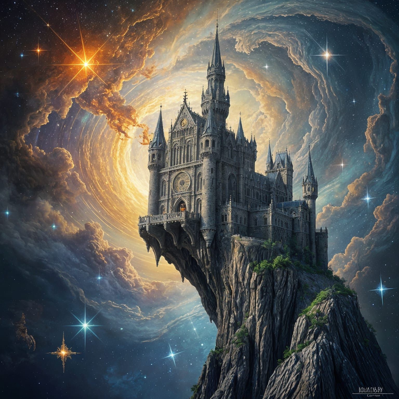 A majestic, yet decaying, castle perched precariously on the edge of a vast, swirling nebula, its spires reaching into the cosmic void. Star...