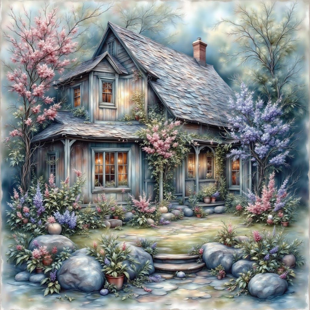 <lora:Unique Ink:1.0> ink lined oil on gritty canvas full screen image *no flowers* deep rich colors sapphire fairy cottage hyper realistic ...