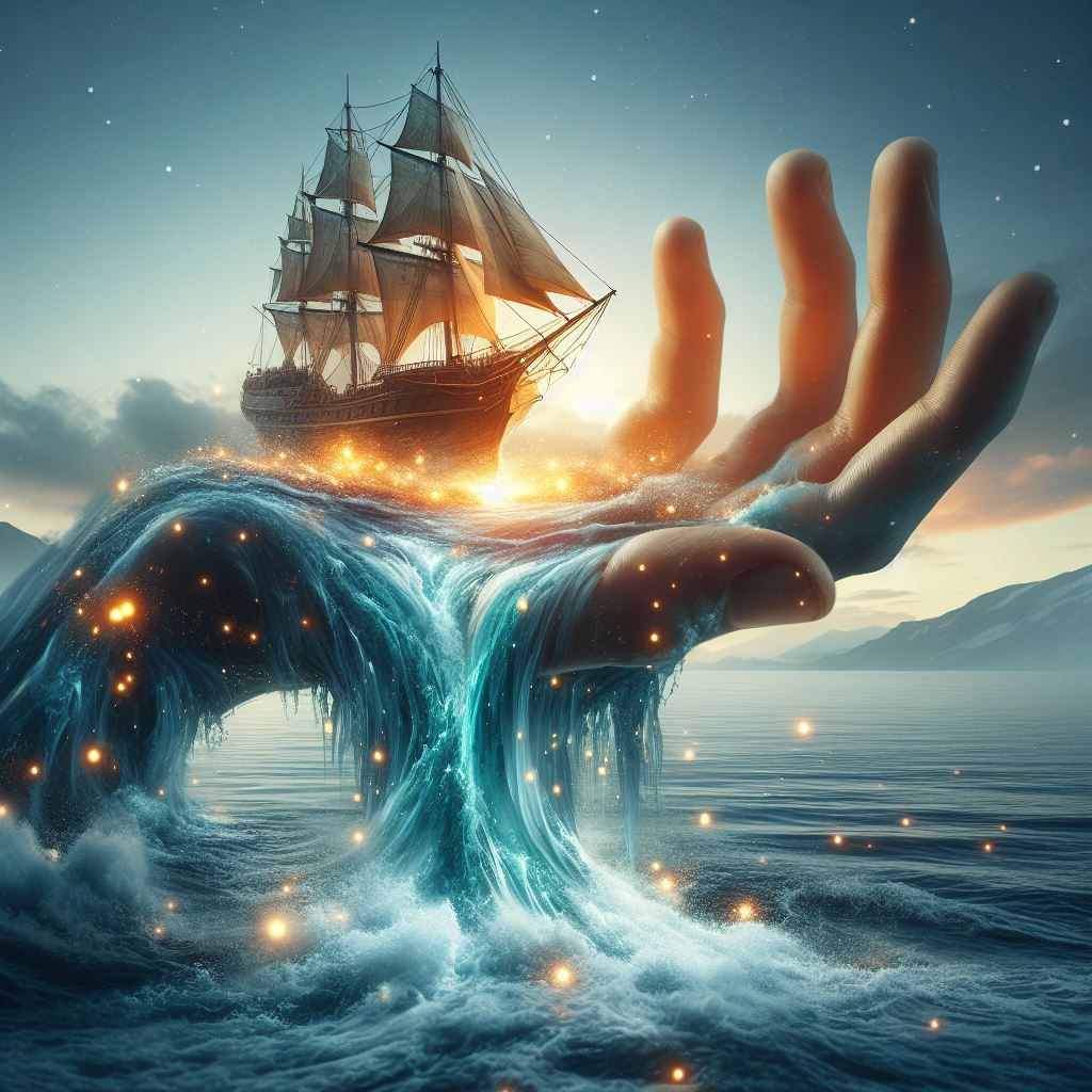A hand with a boat in the water  by @Artless