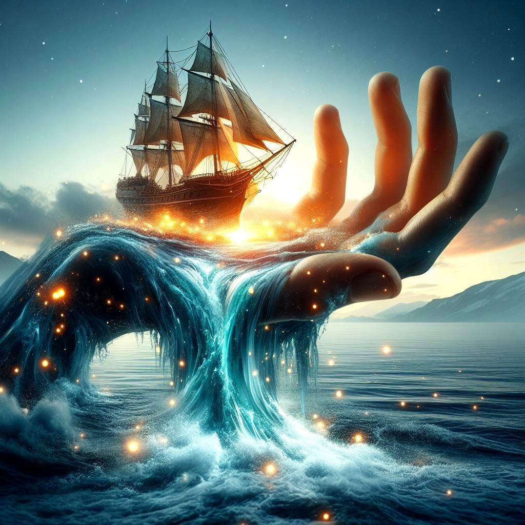 A hand with a boat in the water